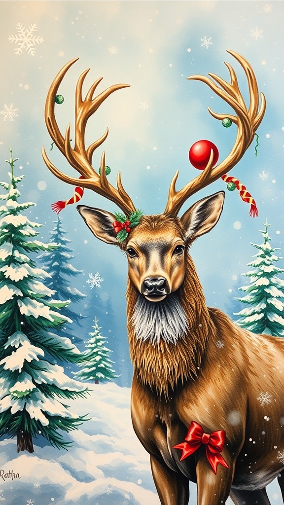 Christmas Deer Painting Recipe A Christmas painting of a deer in a snowy landscape with festive decorations.